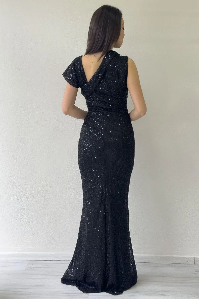 Women's Black Asymmetric Neck Sequin Plus Size Mermaid Evening Gown