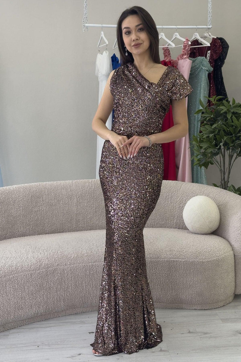 Women's Mink Asymmetric Neck Sequin Plus Size Mermaid Evening Gown