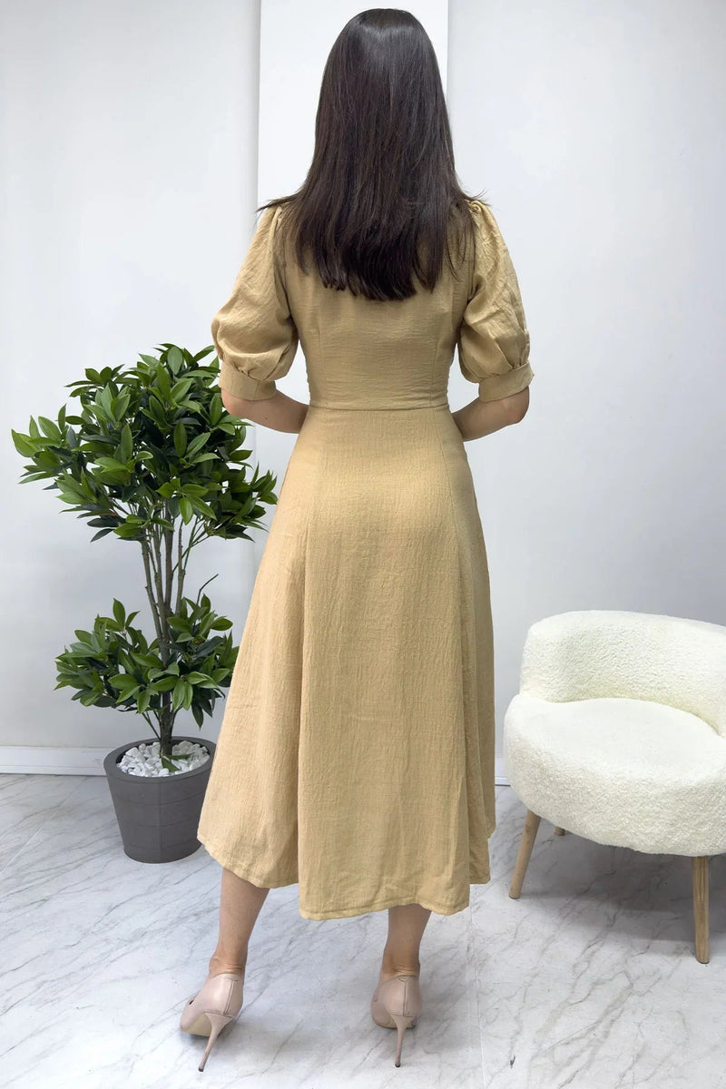 Women's Mustard Short Sleeve Midi Güpür Neck Keten Dress