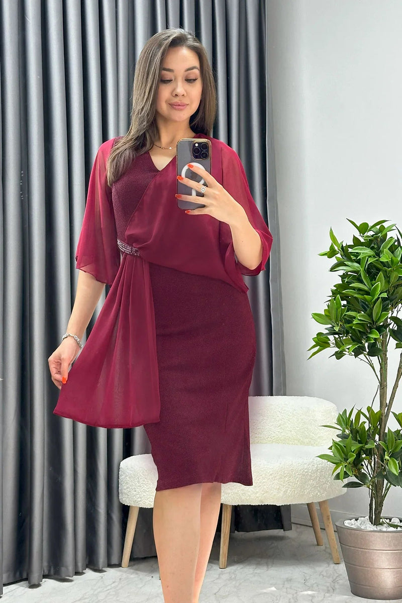 Women's Burgundy Crystal Embellished Volan Sleeve Glitter Evening Gown