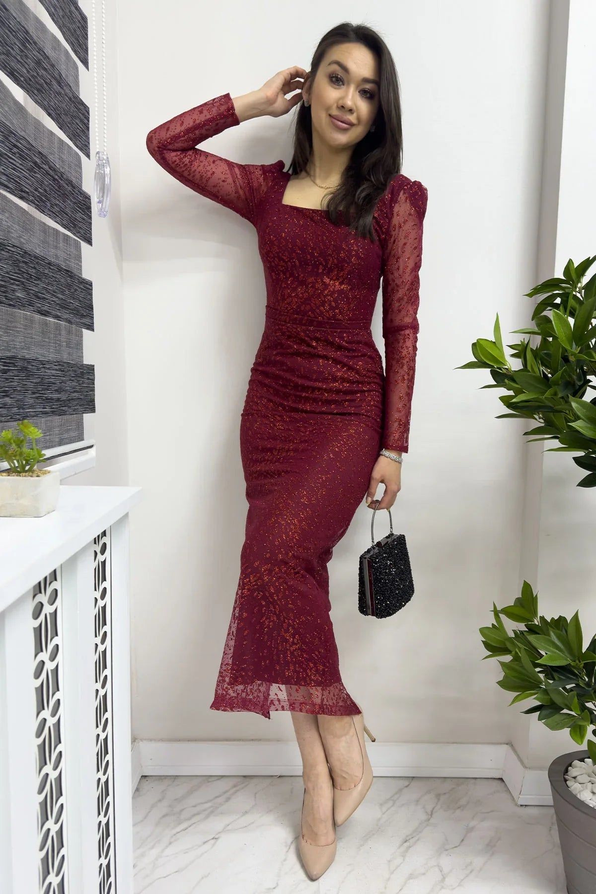 Women's Burgundy Square Neck Glitter Midi Pencil Evening Gown Yeni Desen