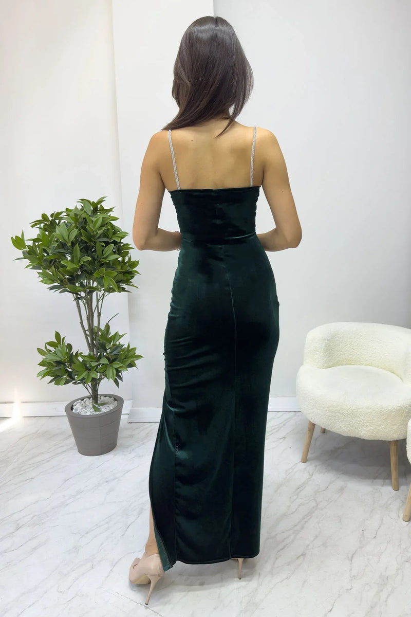 Women's Emerald Green Taş İnce Strap Slit Velvet Yeni Sezon Evening Gown